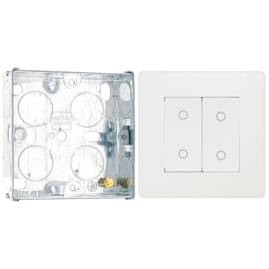 BG Evolve Pearlescent White 2 Gang 200W Trailing Edge Secondary Touch Dimmer PCDCLTDS2W with 25mm Steel Back Box