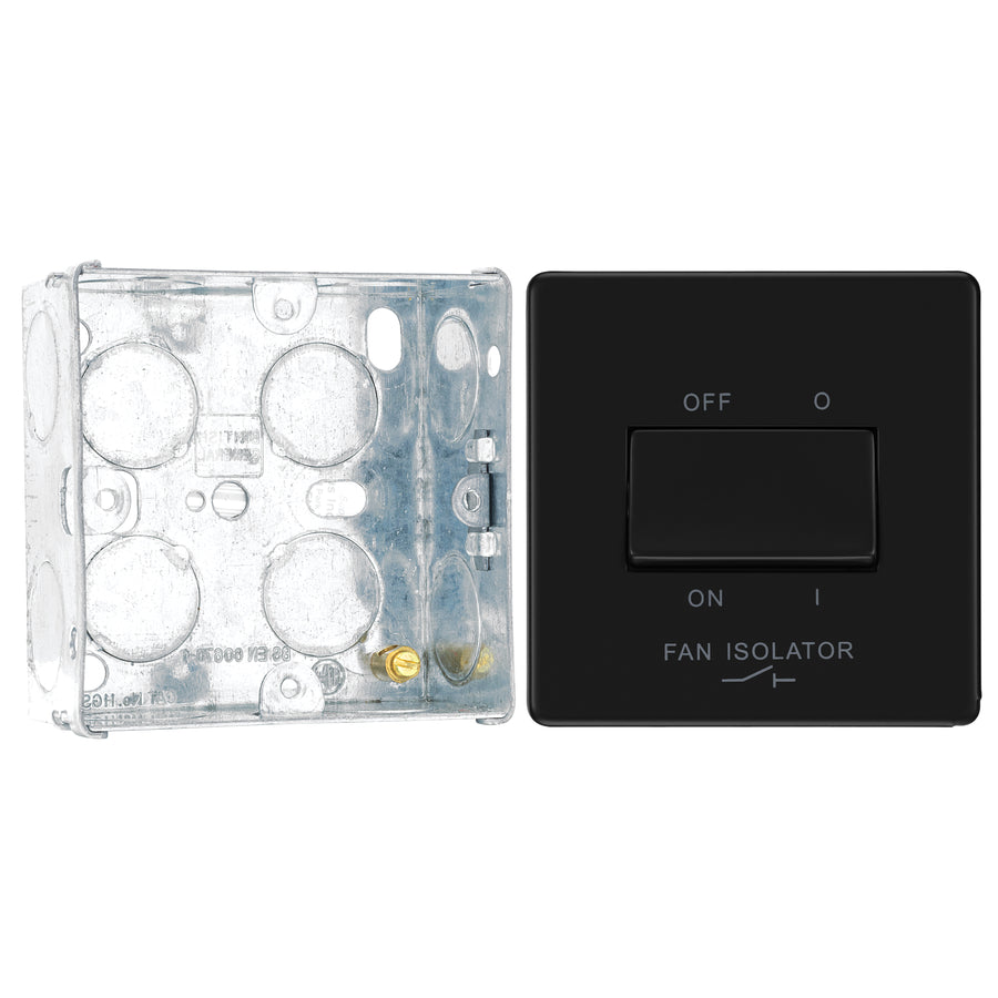BG Screwless Matt Black 1 Gang 10A 3 Pole Fan Isolator Switch FFB15 with 35mm Steel Back Box