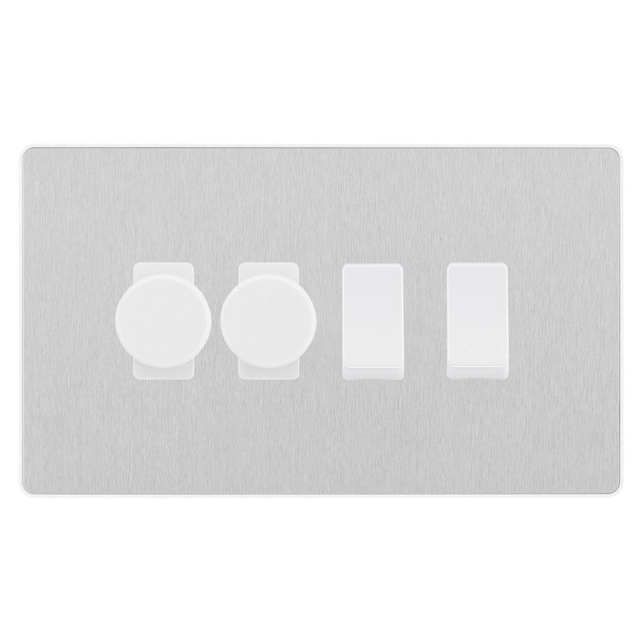 BG Evolve Brushed Steel 4 Gang Light Switch 2x Trailing Edge LED Dimmer 2x 2 Way Custom Switch