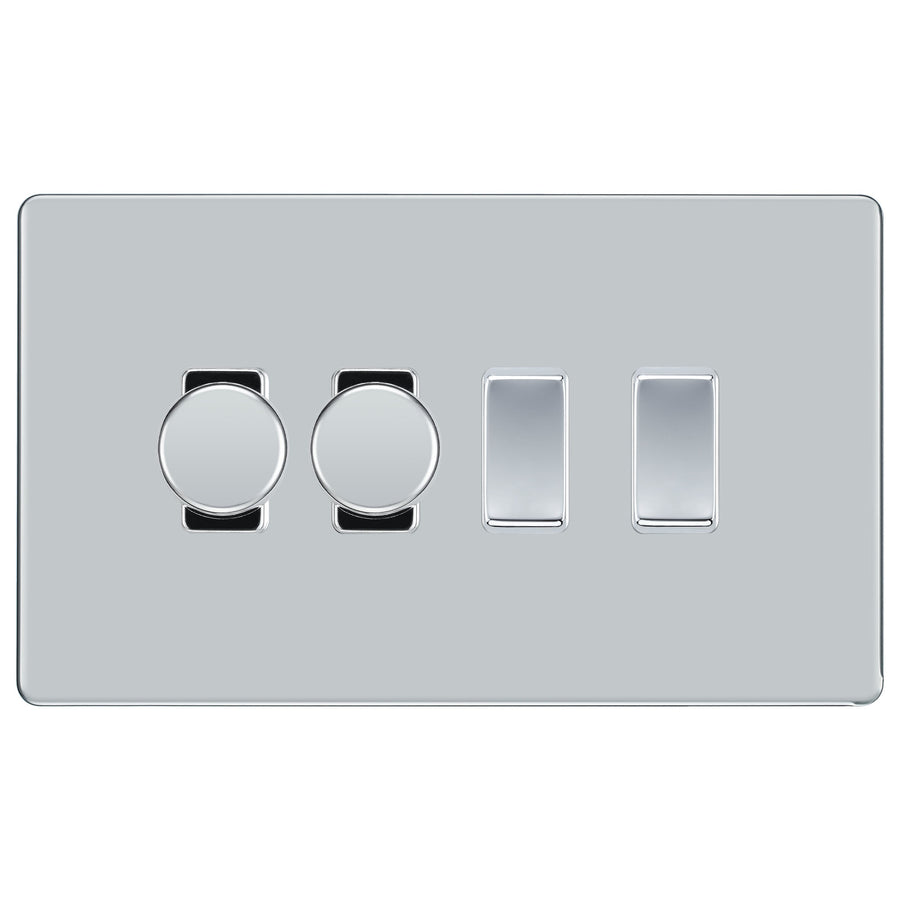 BG Polished Chrome Screwless Flat Plate 4 Gang Light Switch 2x Trailing Edge LED Dimmer 2x 2 Way Custom Switch