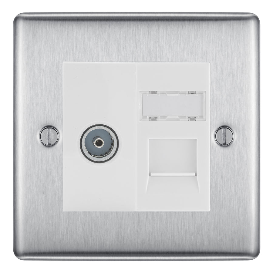 BG Nexus Brushed Steel TV Aerial & RJ45 CAT6 Data Socket - White Insert