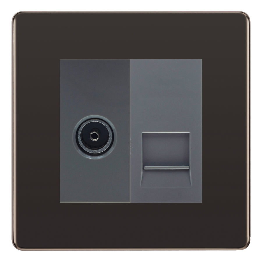 BG Screwless Black Nickel TV Aerial & Master Telephone Socket — Grey Insert