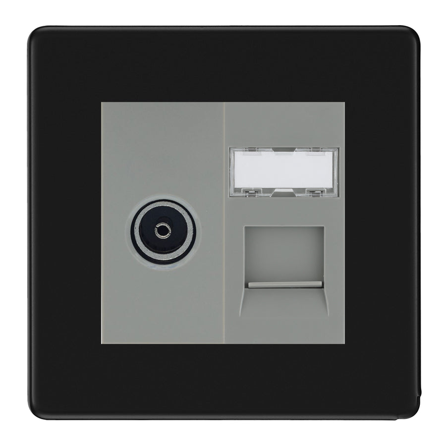 BG Screwless matt black TV Aerial & RJ45 CAT6 Data Socket - Grey Insert