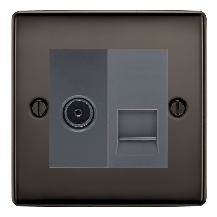 BG Nexus Black Nickel TV Aerial & BT Telephone Outlet Plate — Screened + IDC - Grey