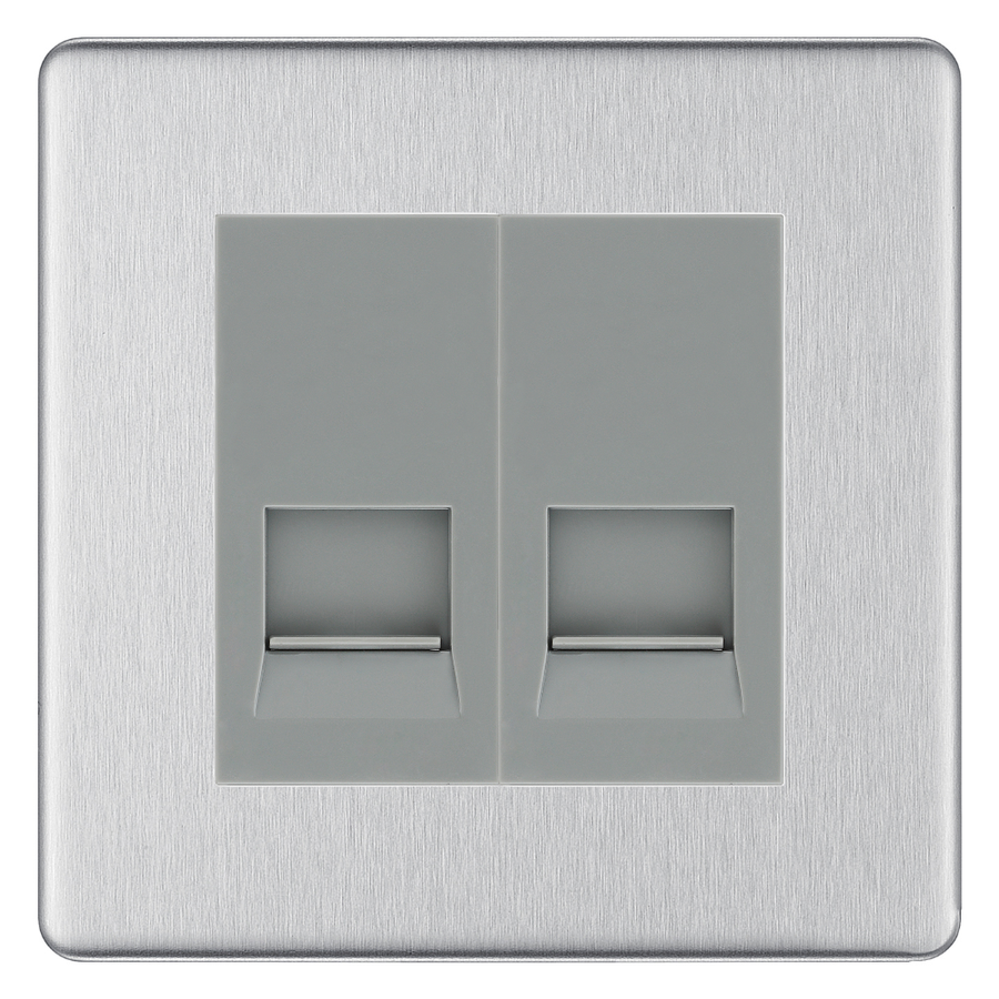 BG Screwless Brushed Steel Double Secondary Telephone Socket, Screw Terminal - Grey Insert