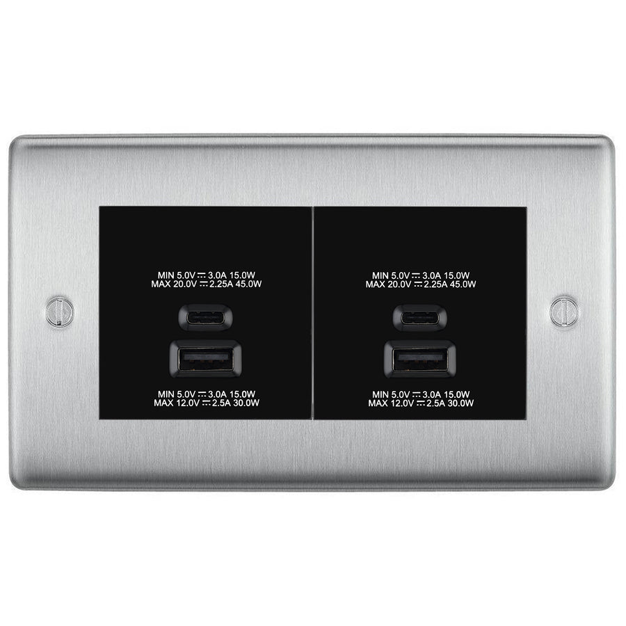 BG Brushed Steel 4G Faceplate with 45W USB A+C Charger Modules – Black Insert