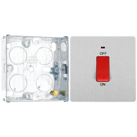 BG Evolve Brushed Steel 1 Gang Single Plate 45A 2 Pole Neon Cooker Switch PCDBS74W with 25mm Steel Back Box