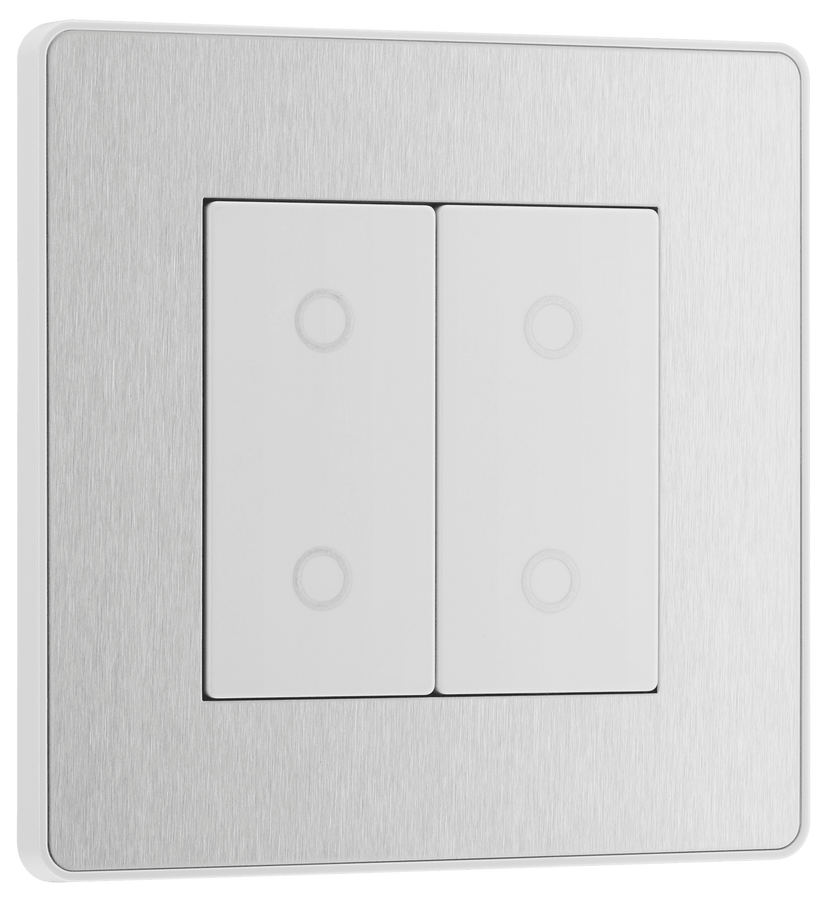  PCDBSTDS2W Front - This Evolve Brushed Steel double secondary trailing edge touch dimmer allows you to control your light levels and set the mood.