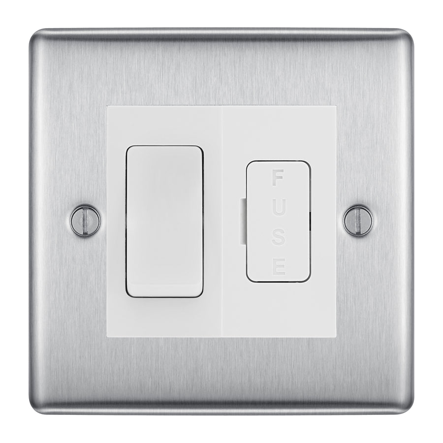 BG Nexus Brushed Steel 2 Way Light Switch & 13A Fused Spur Plate | White Insert