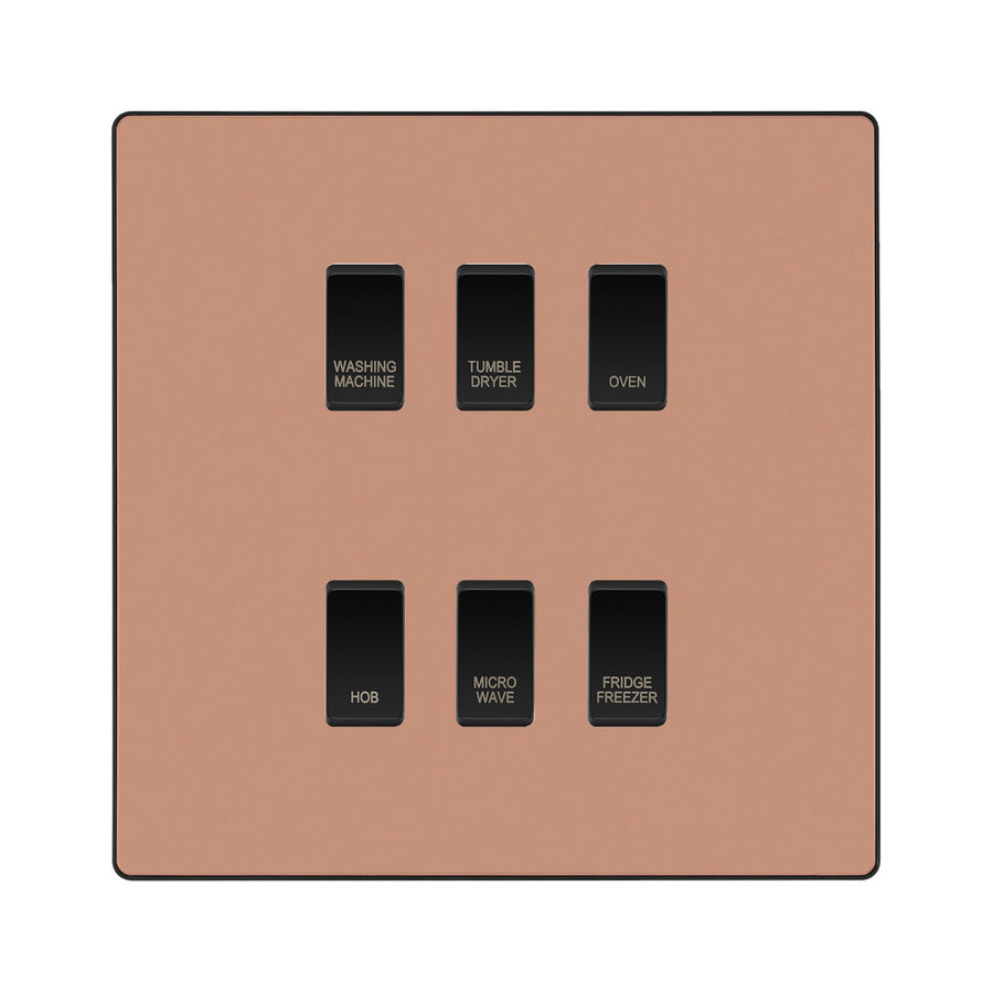 BG Evolve Polished Copper Custom Appliance Grid Switch 6 Gang Screwless