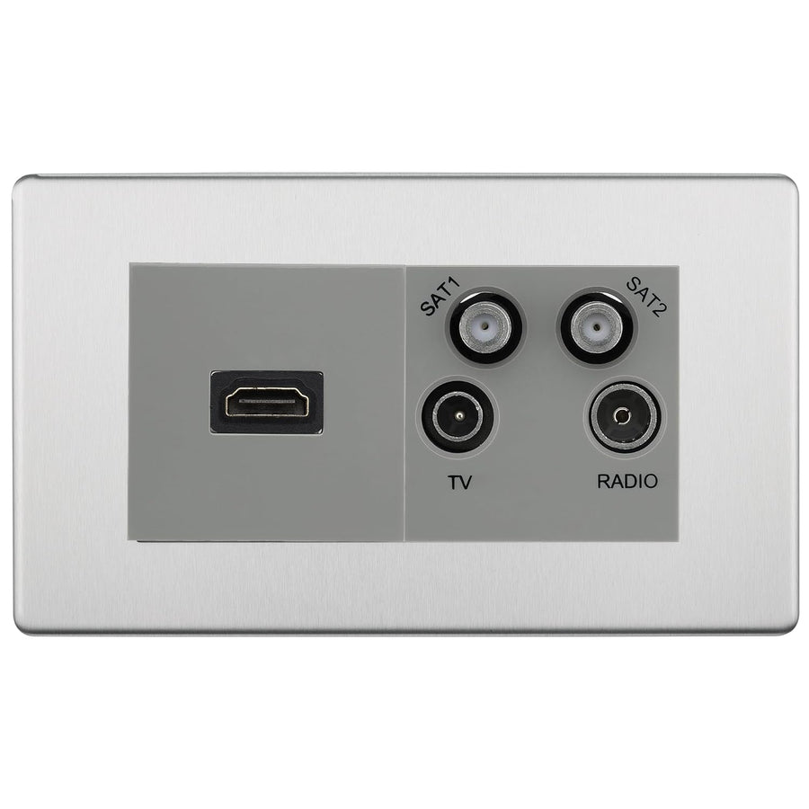 BG Screwless Brushed Steel 4G Faceplate with HDMI + TV/FM/SAT Module - Grey