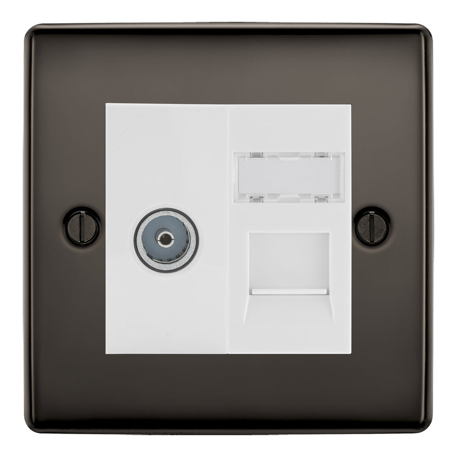 BG Nexus Black Nickel TV Aerial & RJ45 CAT6 Data Socket - White Insert