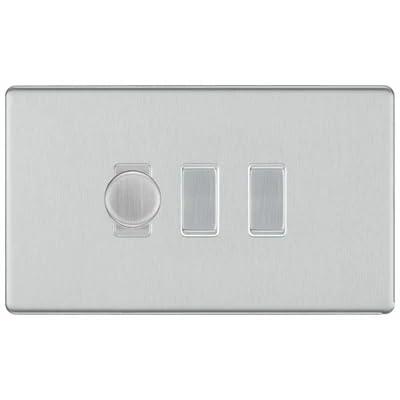 BG Screwless Brushed Steel 3 Gang Light Switch Grid – 1x Trailing-Edge LED Dimmer, 1x Intermediate, 1x 2-Way Switch
