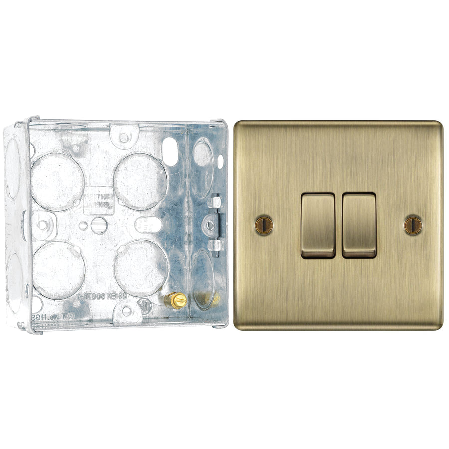 BG Nexus Antique Brass 20A 16AX 2 Way Double Light Switch NAB42 with 35mm Steel Back Box