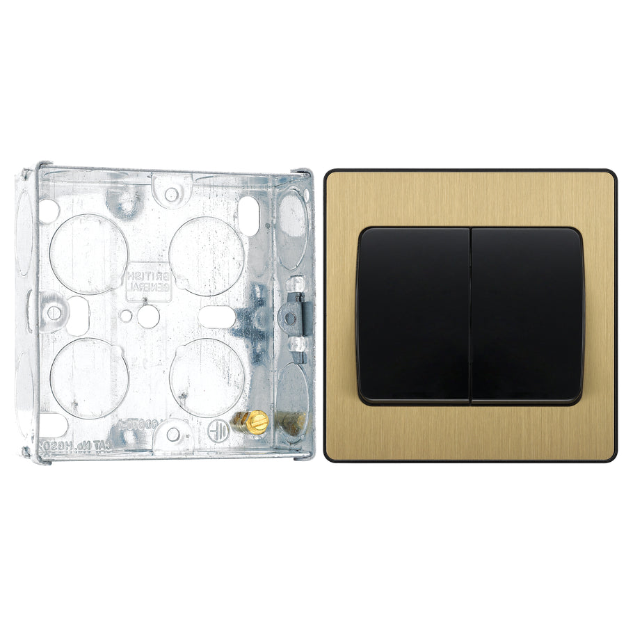 BG Evolve Satin Brass 2G Wide Rocker Light Switch PCDSB42WB with 25mm Steel Back Box