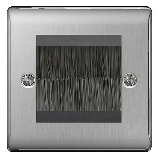 BG Brushed Steel Satin Single 2 Gang Brush Cable Entry Wall Plate Black