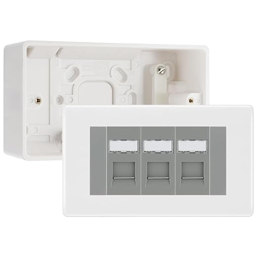 BG Nexus White RJ45 CAT6 Module with 3 Gang Faceplate, 3 Port Network Socket & 50mm Back Box (Grey Insert)