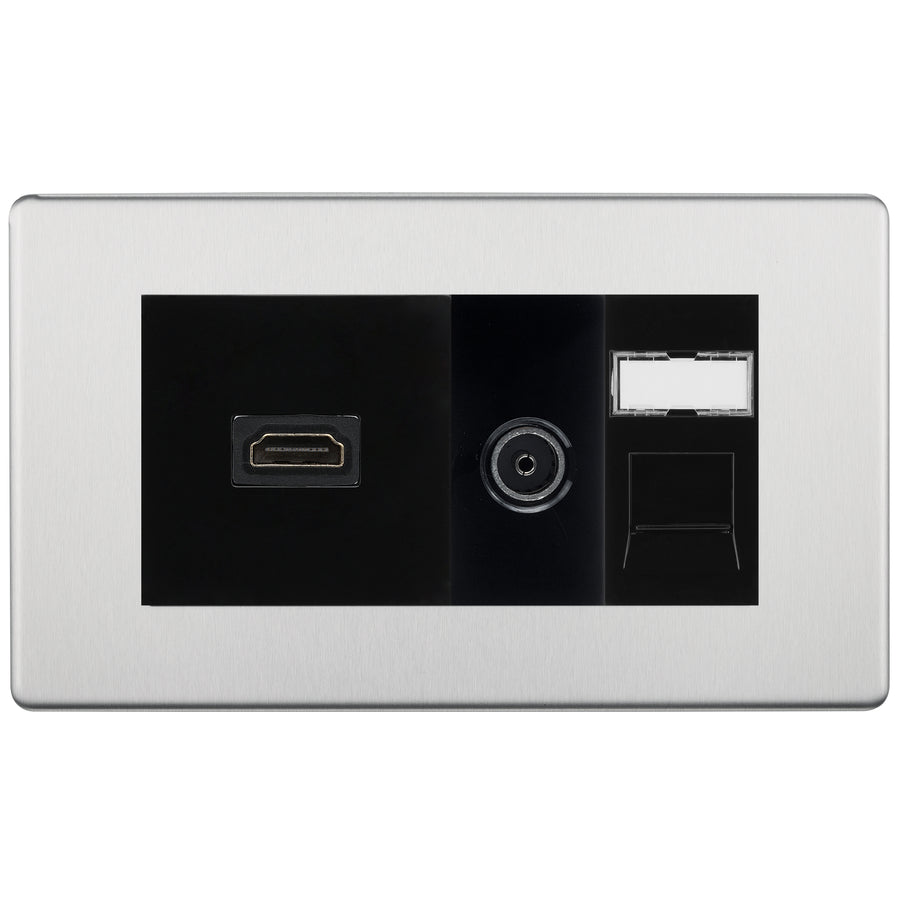 BG Screwless Brushed Steel Media Wall Plate TV Aerial, HDMI & CAT6 Outlet – Black Insert
