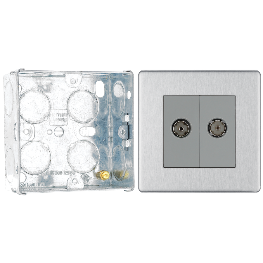 BG Screwless Brushed Steel Diplex TV/FM Socket FBS66 with 35mm Steel Back Box