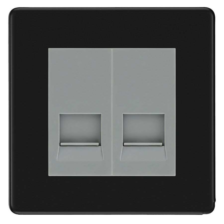 BG Screwless Matt Black Double Secondary Telephone Socket, Screw Terminal - Grey Insert