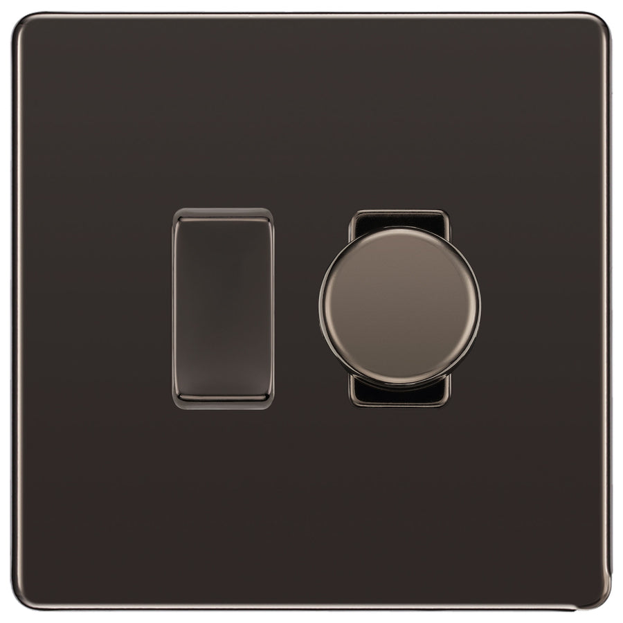 BG Black Nickel Screwless Flat Plate 2 Gang Light Switch 1x Trailing Edge LED Dimmer 1x 2 Way Custom Switch