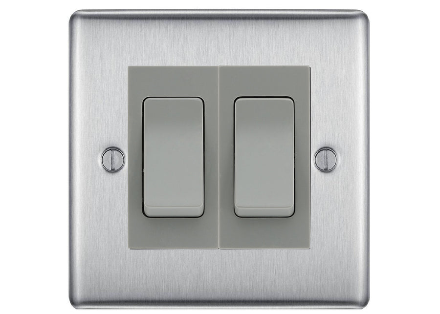 BG Nexus Brushed Steel 2 Gang 20AX 2-Way switch Custom Grid – Grey Insert
