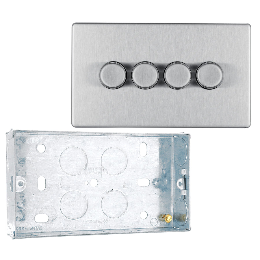 BG Screwless Brushed 2 Way Trailing Edge Quadruple Dimmer Switch FBS84 with 25mm Steel Back Box