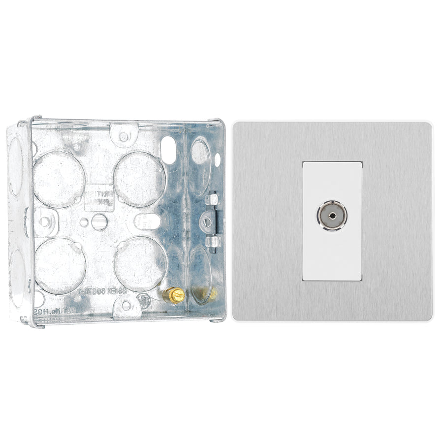 BG Evolve Brushed Steel Co-Axial Socket Outlet PCDBS60W with 35mm Steel Back Box