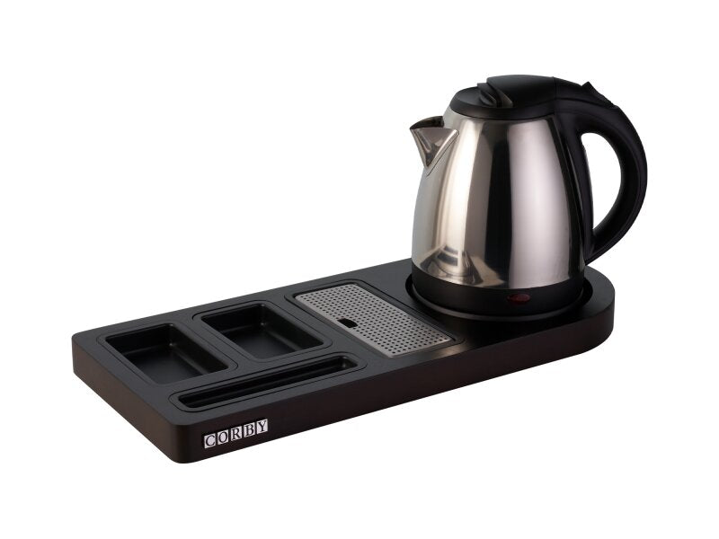 Corby Buckingham Standard Welcome Tray in Dark Wood with 1L Kettle in Polished Steel - UK Plug