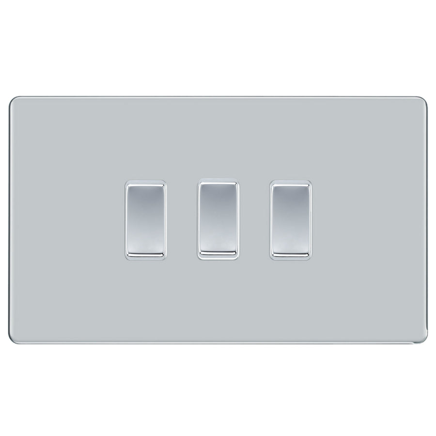 BG Polished Chrome Screwless 3 Gang light Switch in Double Format Custom Grid