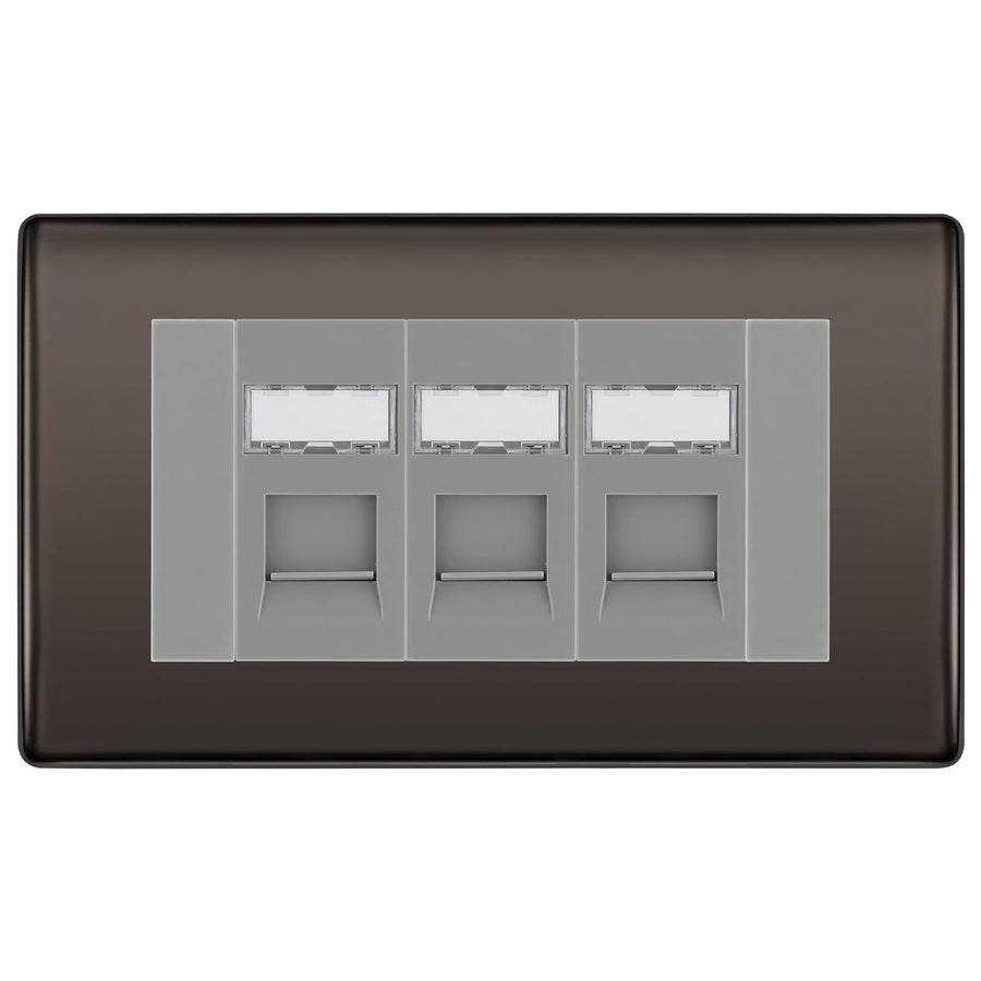 BG Nexus Black Nickel 3 Gang RJ45 Cat6 Data Socket Outlet Grey Inserts