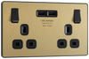 PCDSB22U3B Front - This Evolve Satin Brass 13A double power socket from British General comes with two USB charging ports, allowing you to plug in an electrical device and charge mobile devices simultaneously without having to sacrifice a power socket.