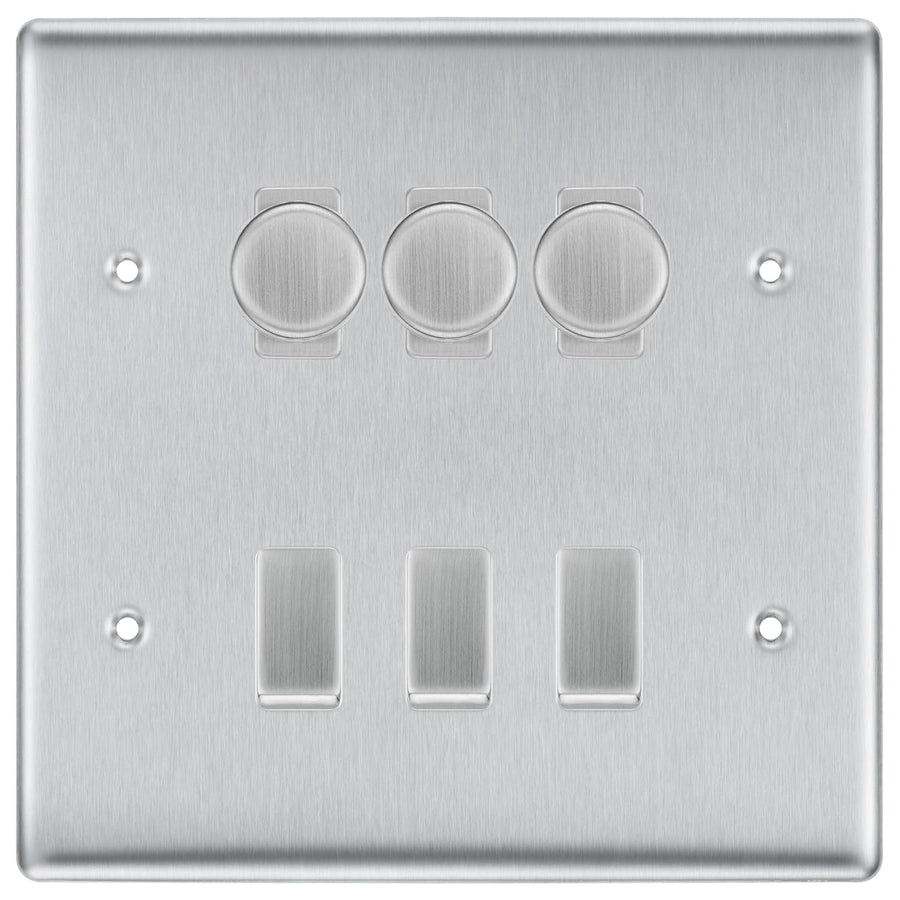 BG Nexus Brushed Steel 6 Gang Switch 3x Trailing Edge LED Dimmer 3x Intermediate Custom Grid Switch