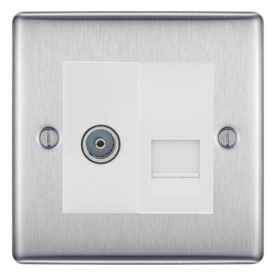 BG Nexus Brushed Steel TV Aerial & BT Telephone Outlet Plate — Screened + IDC - White