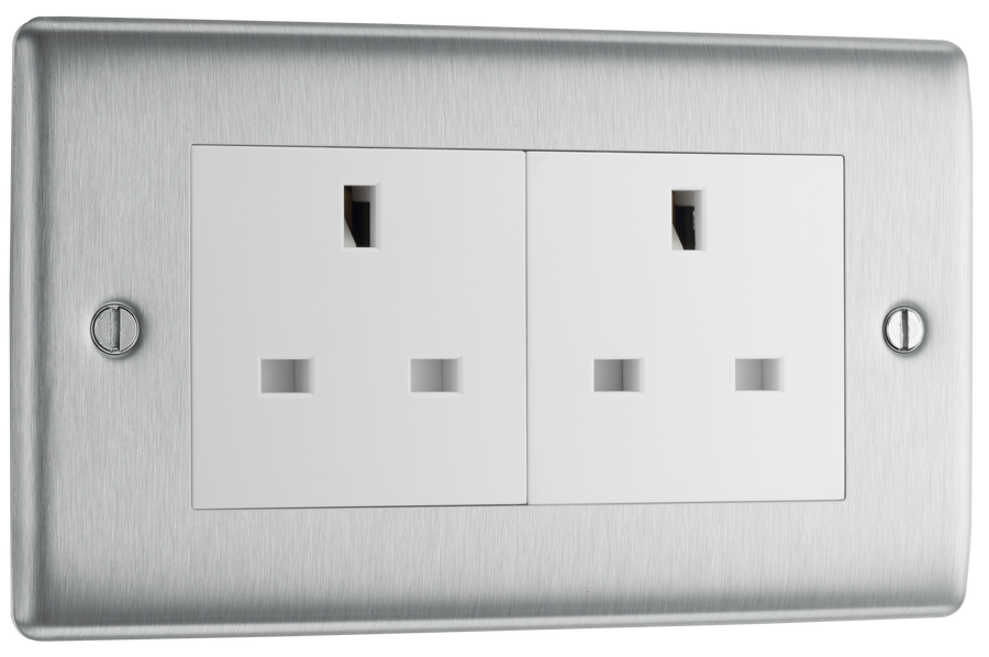 NBS24W Front - This brushed steel finish 13A double unswitched socket from British General has a sleek and slim profile with softly rounded edges and an anti-fingerprint lacquer for a luxurious finish. This socket has been designed with angled in line colour coded terminals and backed out captive screws for ease of installation.