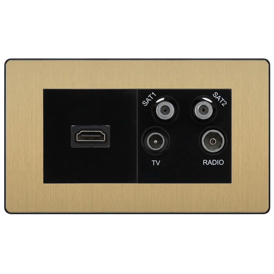 BG Evolve Satin Brass 4G Faceplate with HDMI + TV/FM/SAT Module - Black Insert