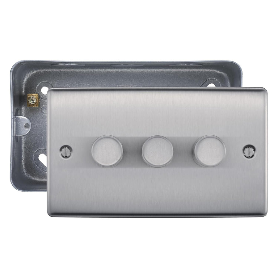 BG Nexus Brushed Steel 200W 2-Way 3 Gang Trailing Edge Push Dimmer & Surface Pattress Back Box