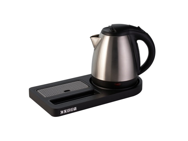 Corby Buckingham Compact Welcome Tray in Black with 1L Kettle in Polished Steel - UK Plug