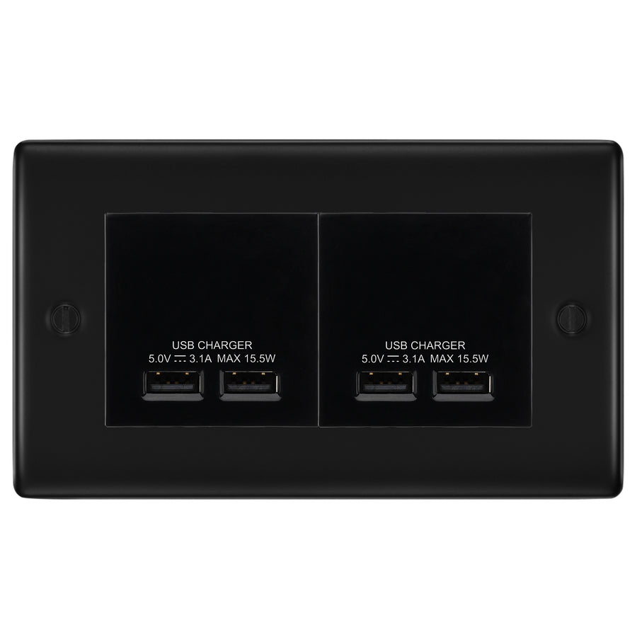 BG Nexus Matt Black 4-Gang Euro Plate with 2X USB-A Dual Chargers – Black Insert