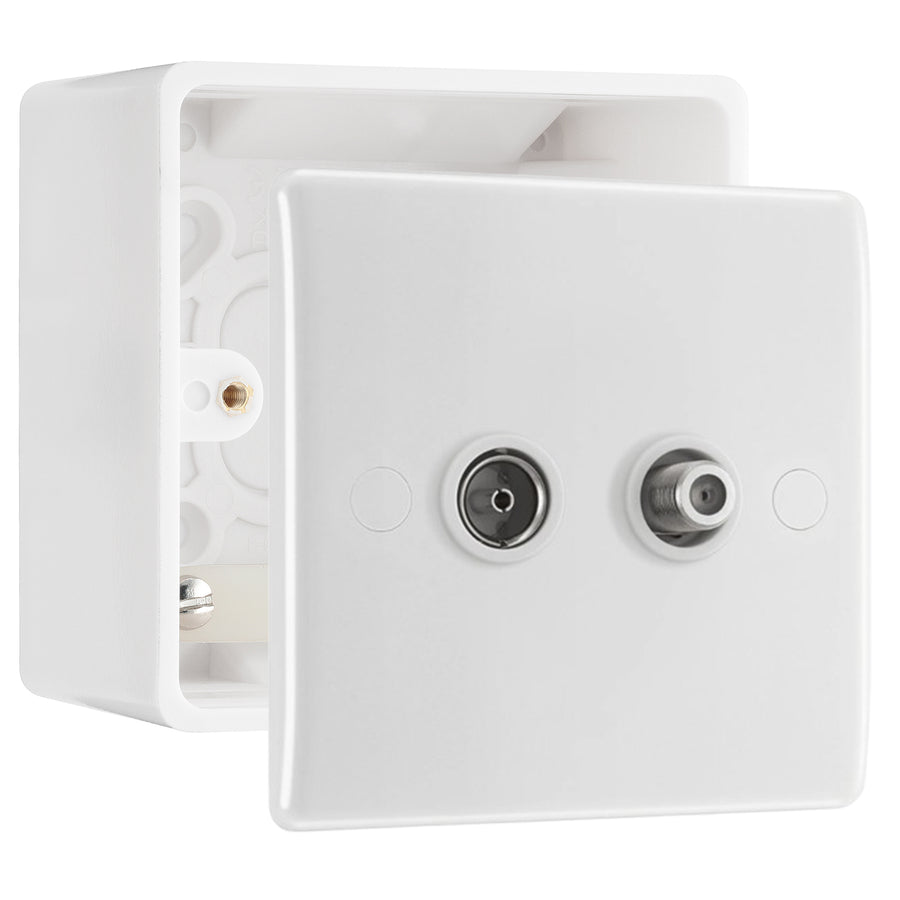BG Electrical Double Satellite TV Socket Outlet White & 50mm Pattress Back Box