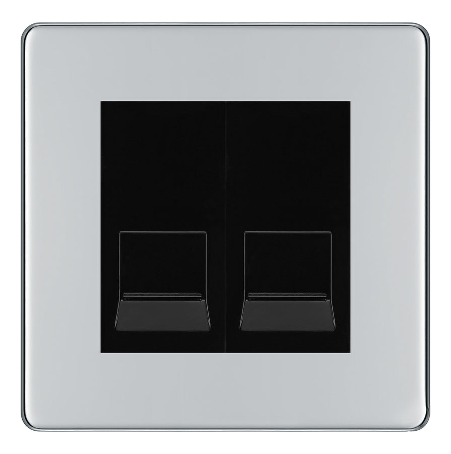 BG Screwless Polished Chrome Double Master Telephone Socket, Screw Terminal - Black Insert