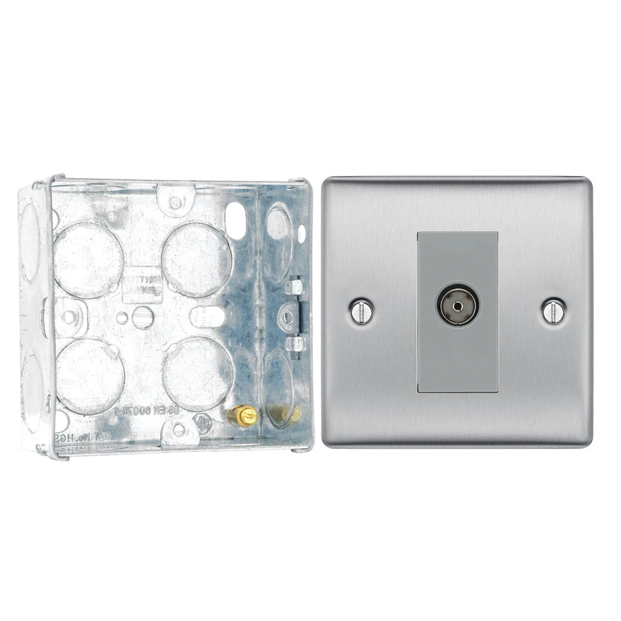 BG Nexus Brushed Steel Single Isolated Co-Axial Socket NBS62 with 35mm Steel Back Box