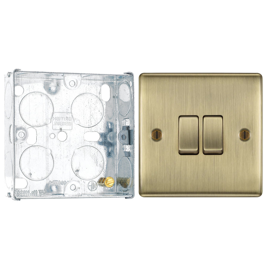 BG Nexus Metal Antique Brass 20A 16AX 2 Way Double Light Switch NAB42 with 25mm Steel Back Box