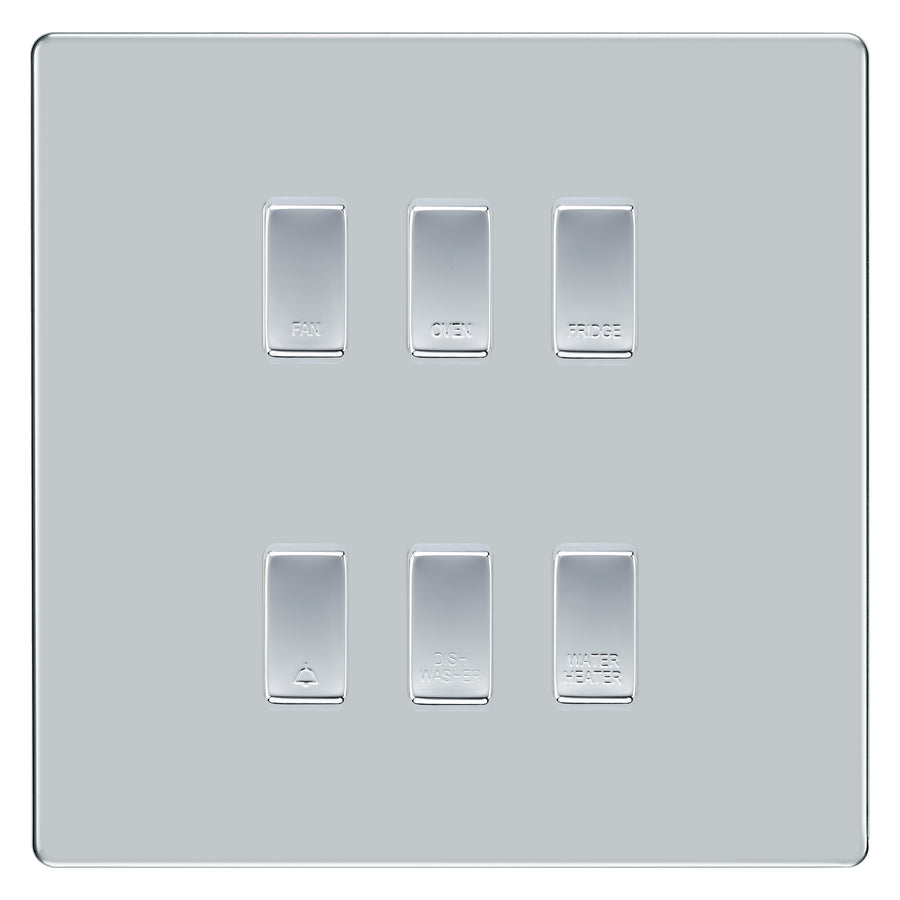 BG Screwless Polished Chrome 6 Gang Engraved Custom Labelled Appliance ...