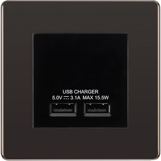 BG Screwless Black Nickel Dual USB Charger 3.1A Output Socket - Black Insert