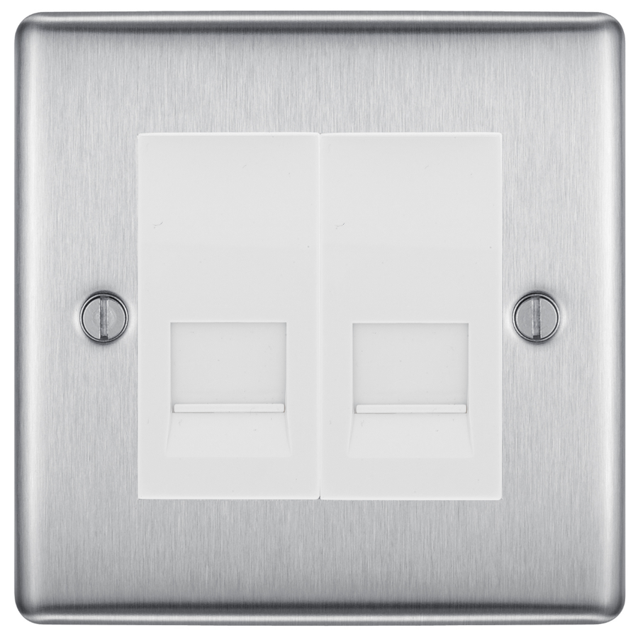 BG Nexus Brushed Steel Double Secondary Telephone Socket, Screw Terminal - White Insert