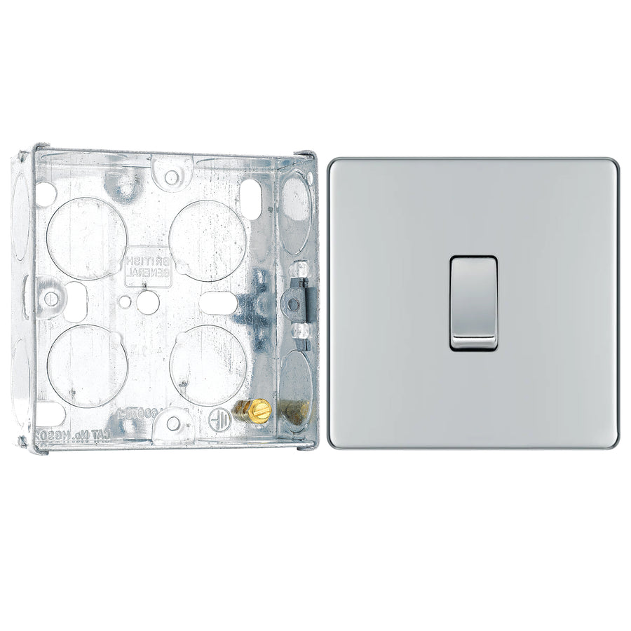 BG Screwless Polished Chrome 20A 16AX 2 Way Single Light Switch FPC12 with 25mm Steel Back Box