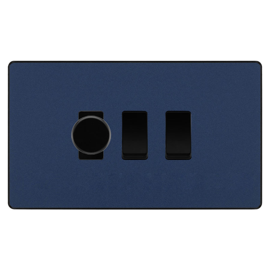 BG Evolve Matt Blue 3 Gang Light Switch 1x Trailing Edge LED Dimmer 2x 2 Way Custom Switch