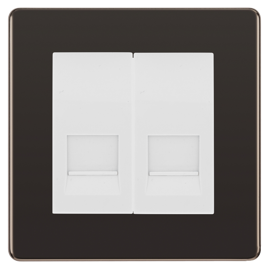 BG Screwless Black Nickel Double Secondary Telephone Socket, Screw Terminal - White Insert