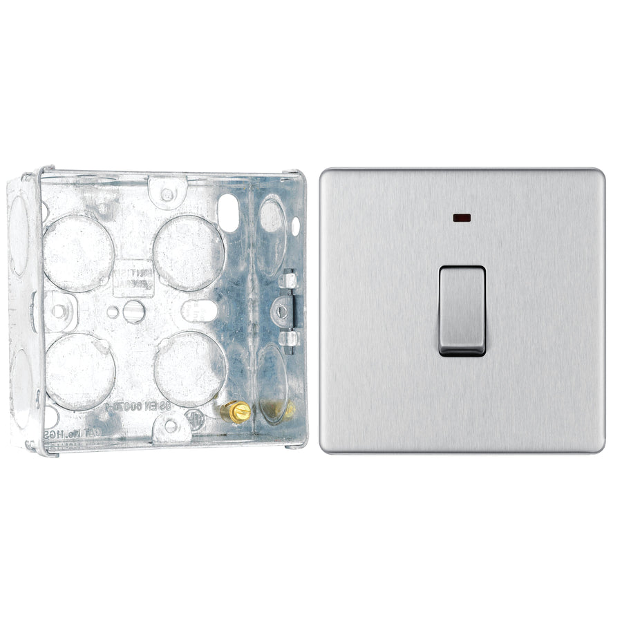 BG Screwless Brushed Steel 20A 2 Pole Neon Switch FBS31 with 35mm Steel Back Box